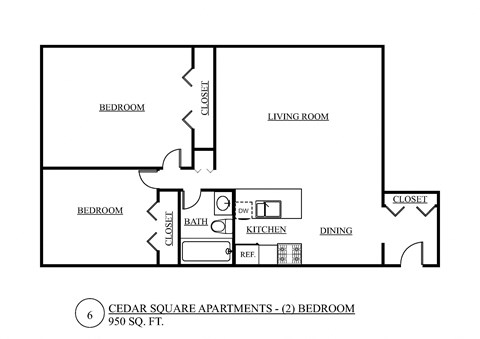 Floor plan for 2 beds, 1 bath, 950 sqft